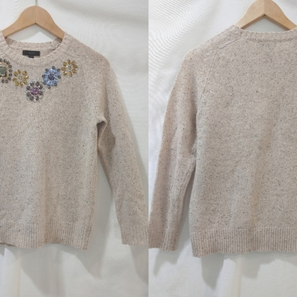 J. Crew Jeweled Neck Sweater Natural Wool Blend Oatmeal Cream XS Crew pullover - Picture 1 of 8